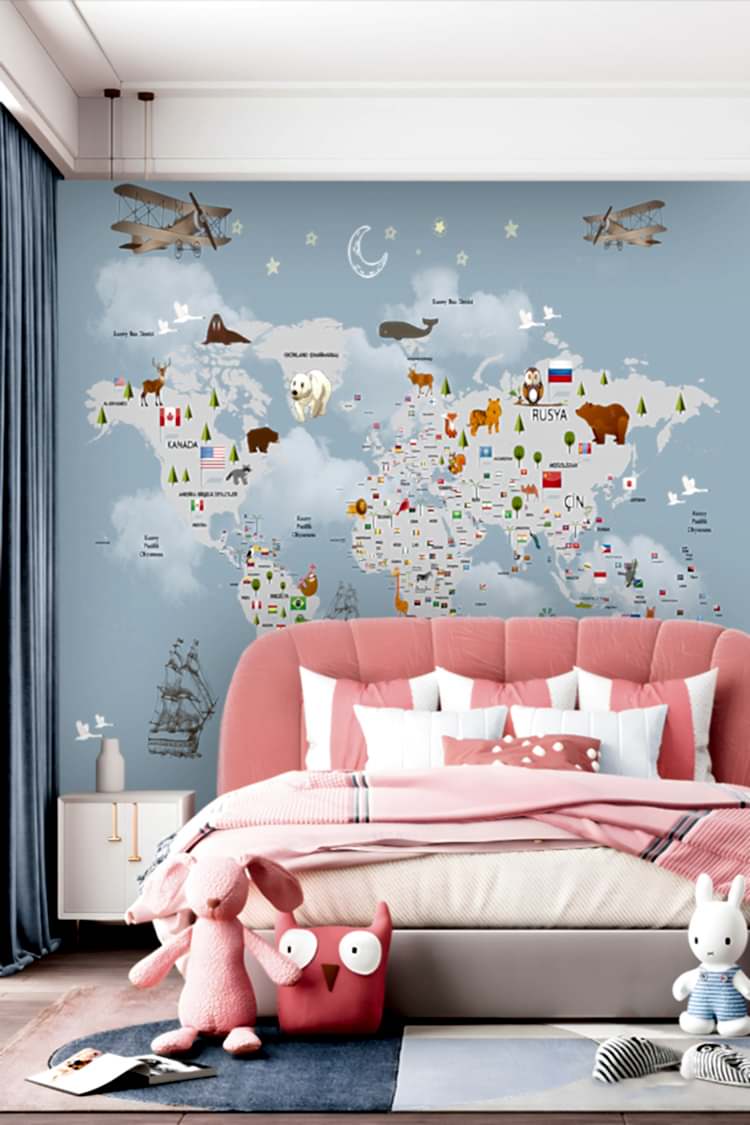 Dünya Haritası ve Hayvanlar Duvar Kağıdı - Görsel 2