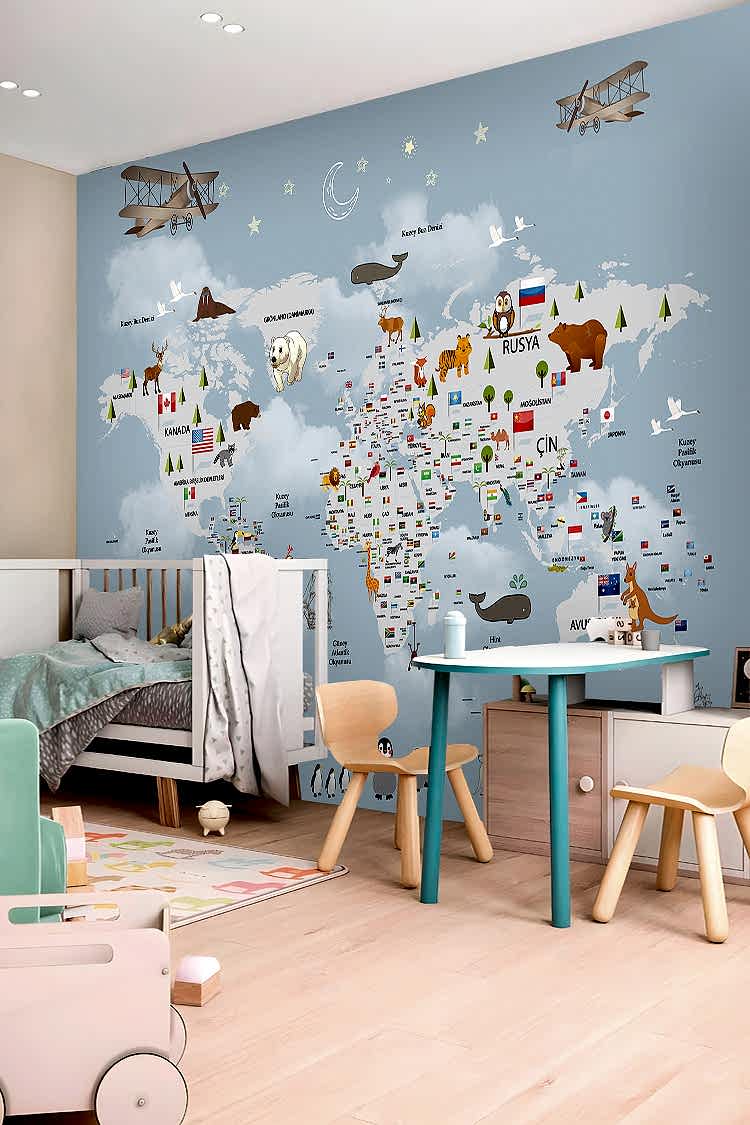 Dünya Haritası ve Hayvanlar Duvar Kağıdı - Görsel 4