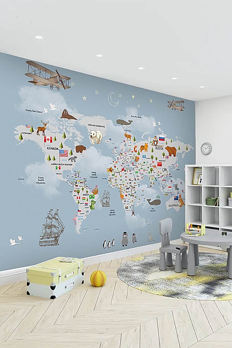 Dünya Haritası ve Hayvanlar Duvar Kağıdı - Görsel 5