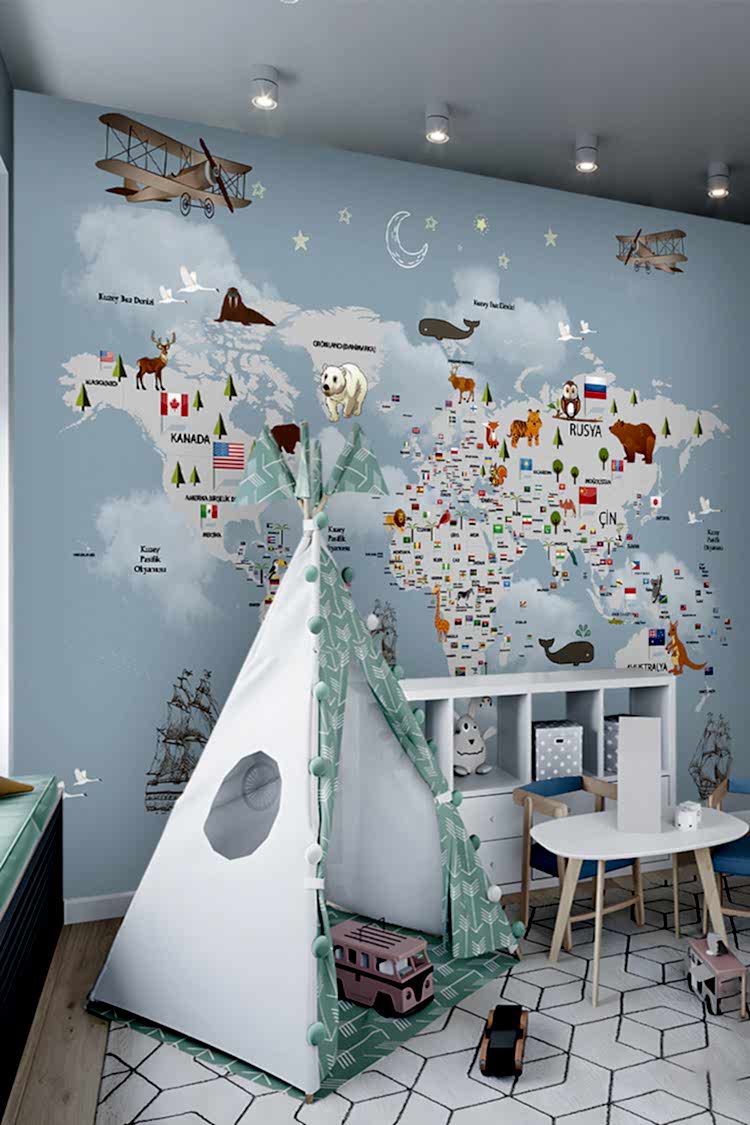 Dünya Haritası ve Hayvanlar Duvar Kağıdı - Görsel 6