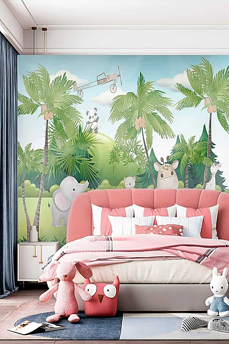 Pastel Hayvanlar ve Palmiye Ağaçları Duvar Kağıdı - Görsel 2
