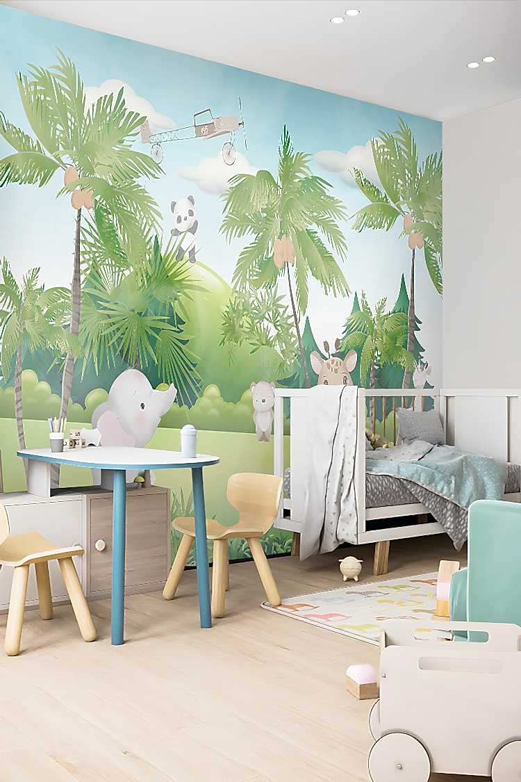 Pastel Hayvanlar ve Palmiye Ağaçları Duvar Kağıdı - Görsel 3
