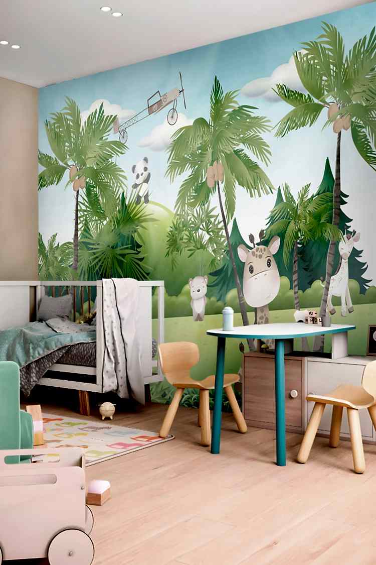 Pastel Hayvanlar ve Palmiye Ağaçları Duvar Kağıdı - Görsel 4