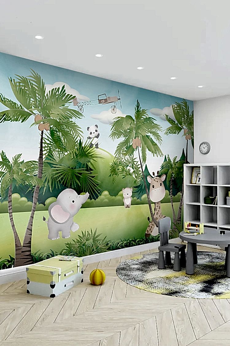 Pastel Hayvanlar ve Palmiye Ağaçları Duvar Kağıdı