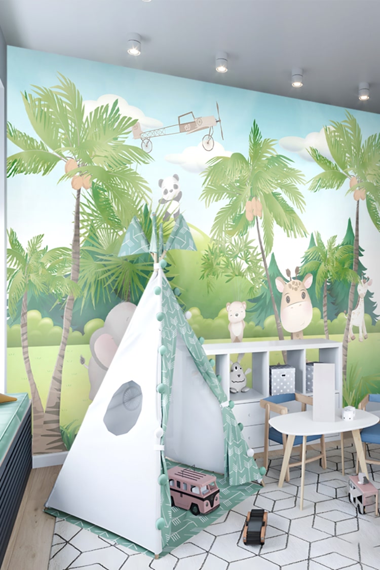 Pastel Hayvanlar ve Palmiye Ağaçları Duvar Kağıdı - Görsel 5