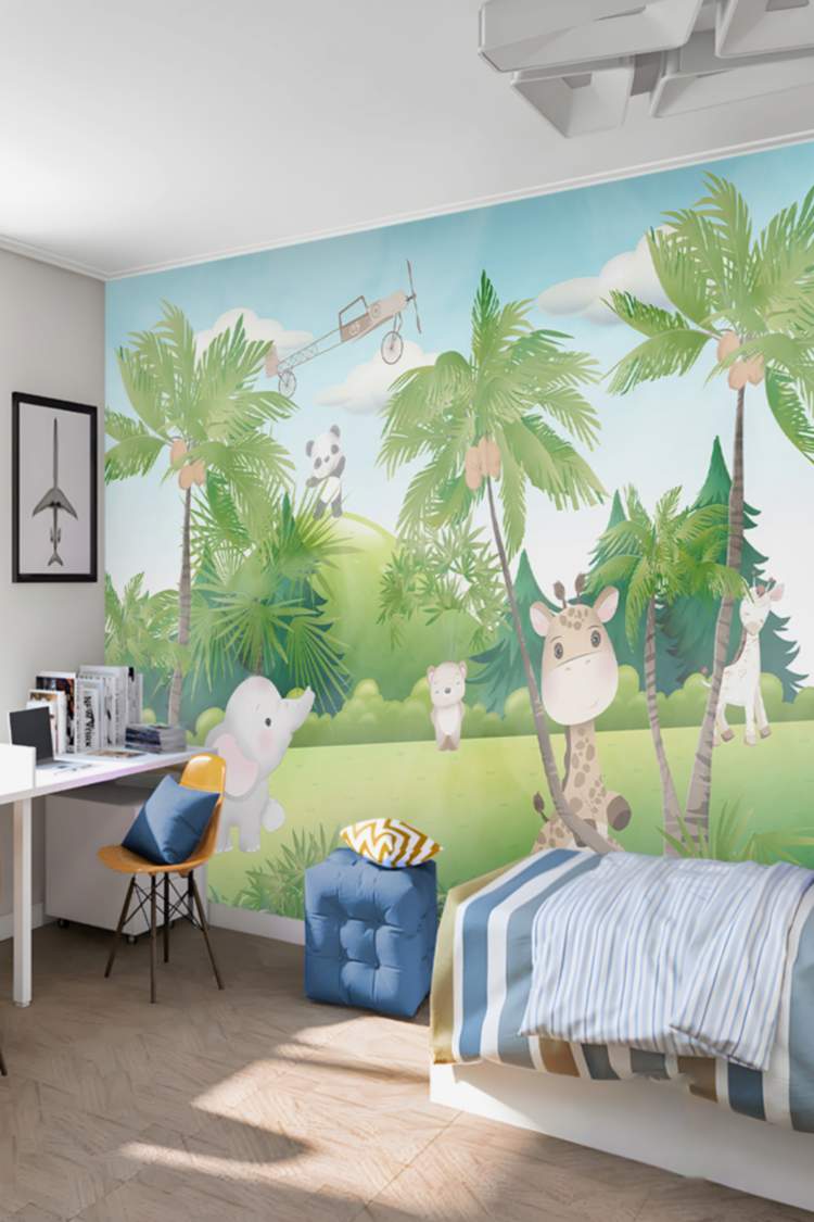 Pastel Hayvanlar ve Palmiye Ağaçları Duvar Kağıdı - Görsel 6