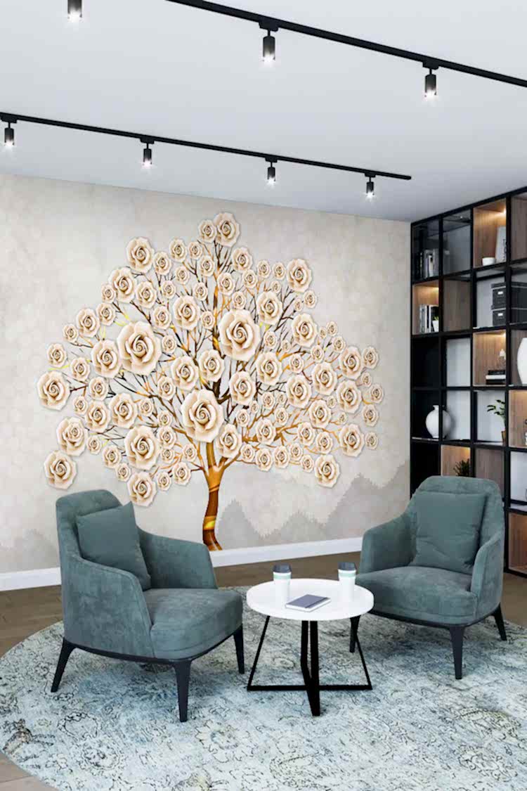 Altın Detaylı Gül Deseni ve Ağaç Motifi ile Şık Duvar Kağıdı - Görsel 2