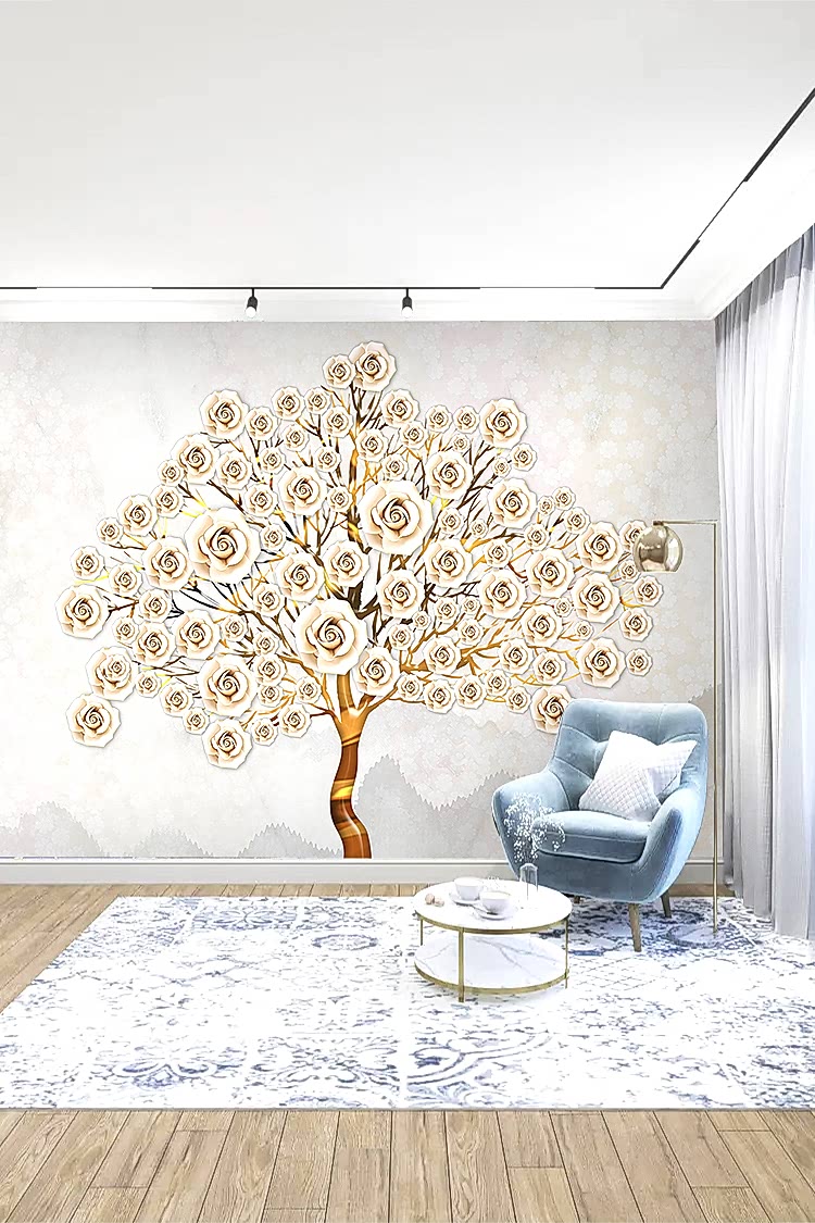 Altın Detaylı Gül Deseni ve Ağaç Motifi ile Şık Duvar Kağıdı - Görsel 3