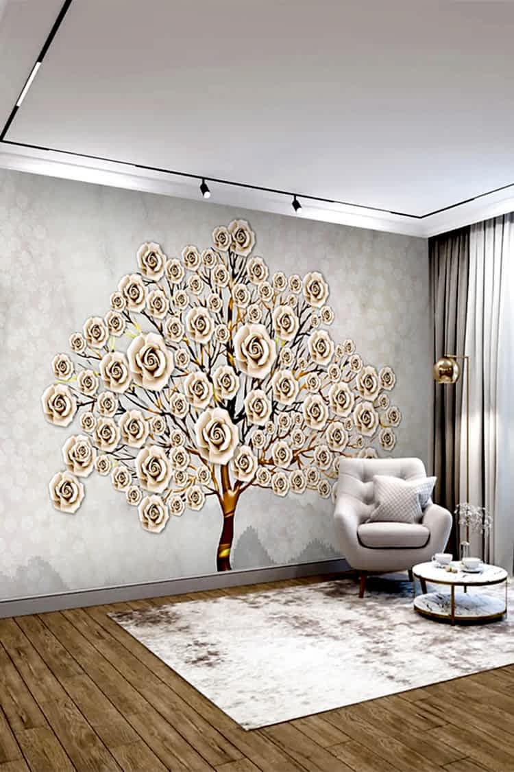 Altın Detaylı Gül Deseni ve Ağaç Motifi ile Şık Duvar Kağıdı
