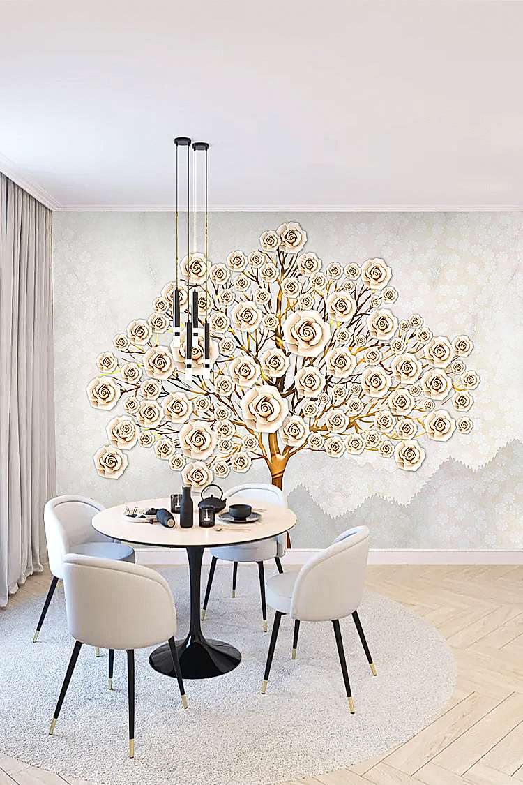 Altın Detaylı Gül Deseni ve Ağaç Motifi ile Şık Duvar Kağıdı - Görsel 4