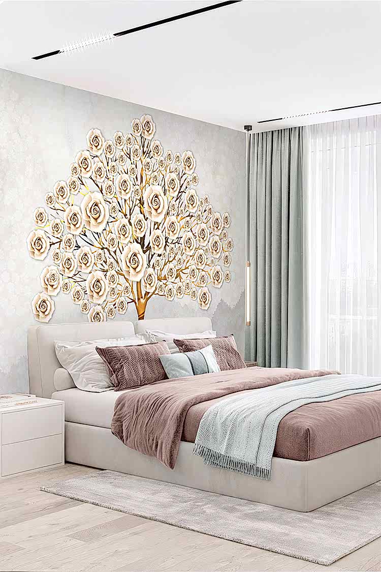 Altın Detaylı Gül Deseni ve Ağaç Motifi ile Şık Duvar Kağıdı - Görsel 5