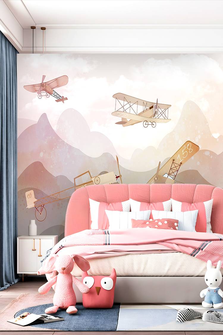 Pastel Uçaklar ve Dağlar Duvar Kağıdı - Görsel 2
