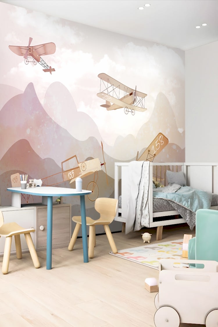 Pastel Uçaklar ve Dağlar Duvar Kağıdı - Görsel 3