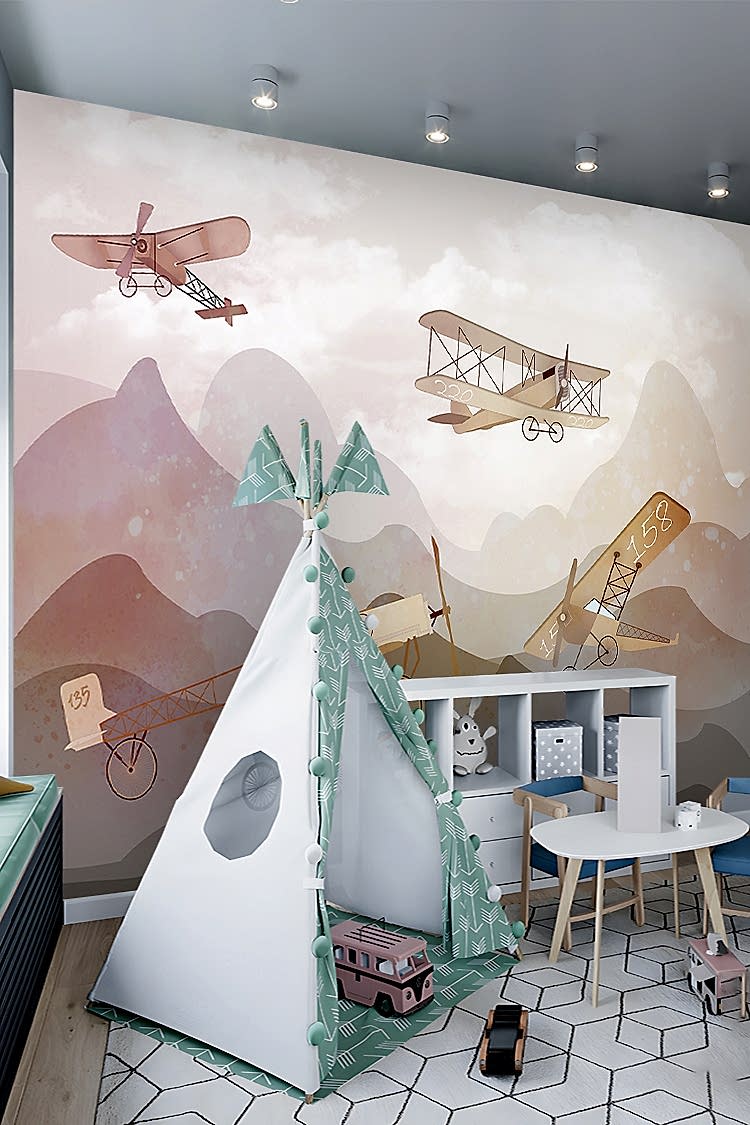 Pastel Uçaklar ve Dağlar Duvar Kağıdı - Görsel 5