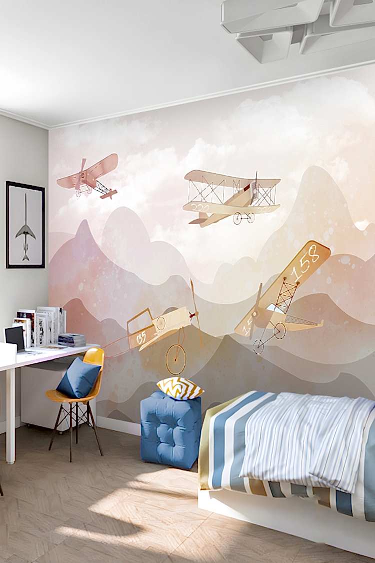 Pastel Uçaklar ve Dağlar Duvar Kağıdı - Görsel 6