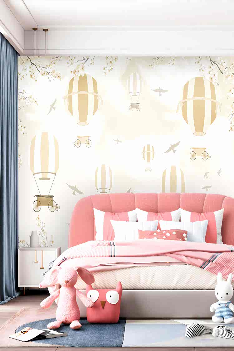 Pastel Uçan Balonlar ve Kuşlar Duvar Kağıdı - Görsel 2