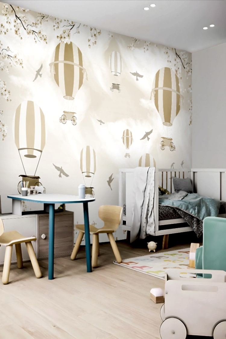 Pastel Uçan Balonlar ve Kuşlar Duvar Kağıdı - Görsel 3