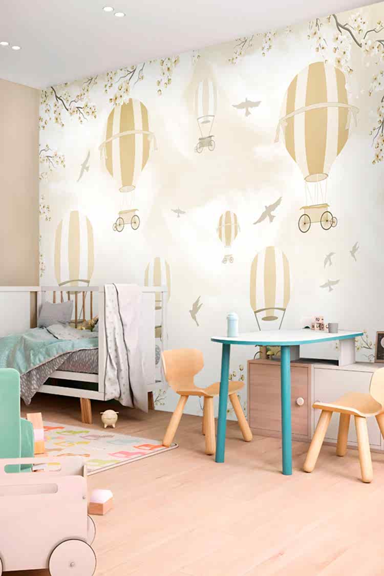 Pastel Uçan Balonlar ve Kuşlar Duvar Kağıdı - Görsel 4