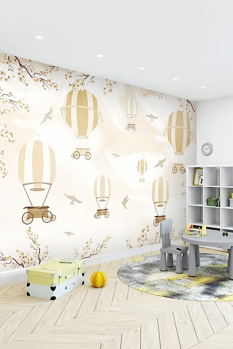 Pastel Uçan Balonlar ve Kuşlar Duvar Kağıdı - Görsel 5