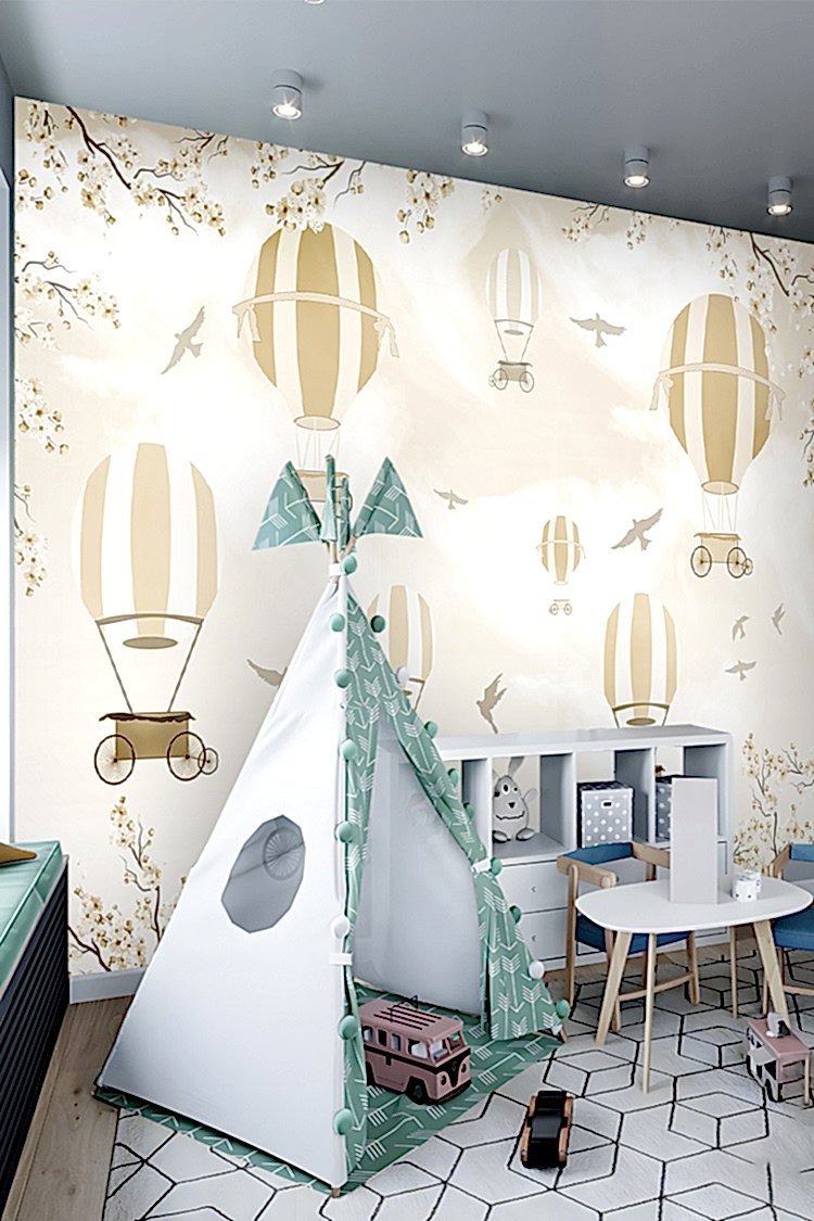 Pastel Uçan Balonlar ve Kuşlar Duvar Kağıdı - Görsel 6