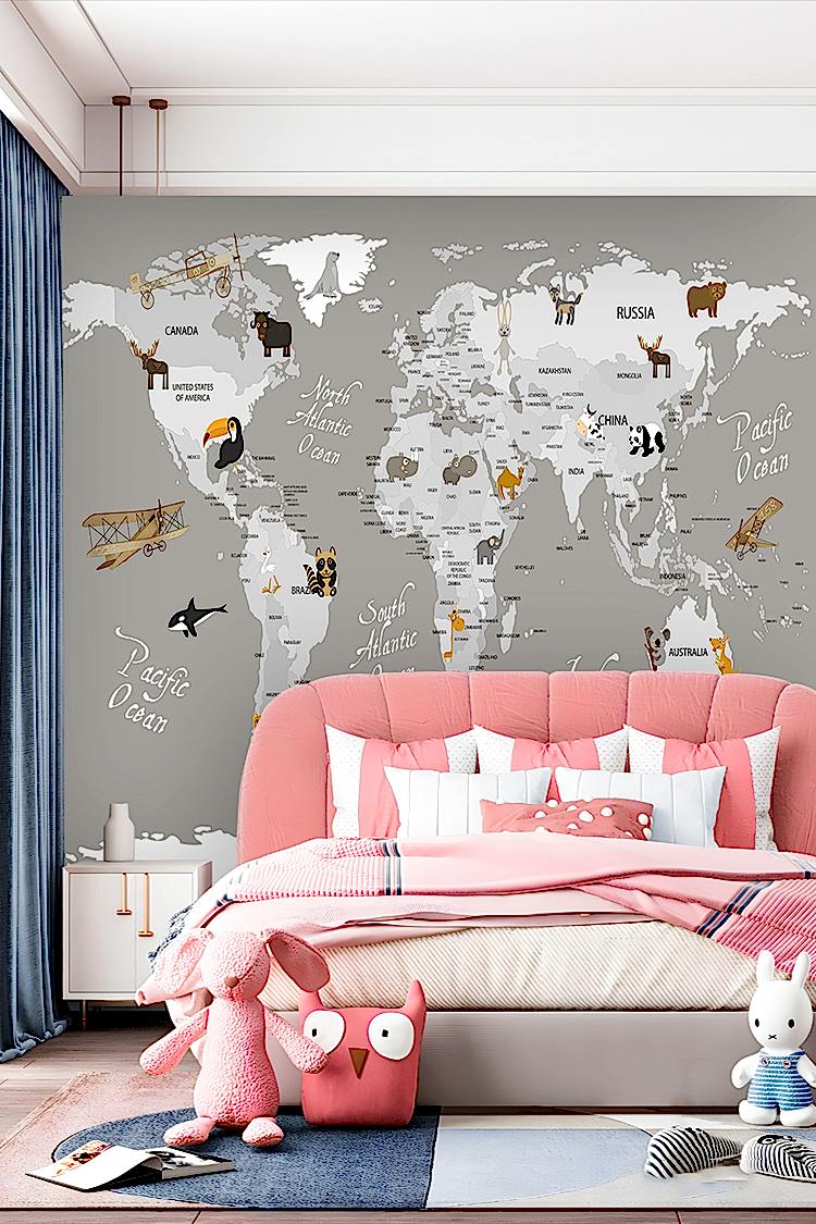 Dünya Haritası ve Hayvanlar Duvar Kağıdı - Görsel 2