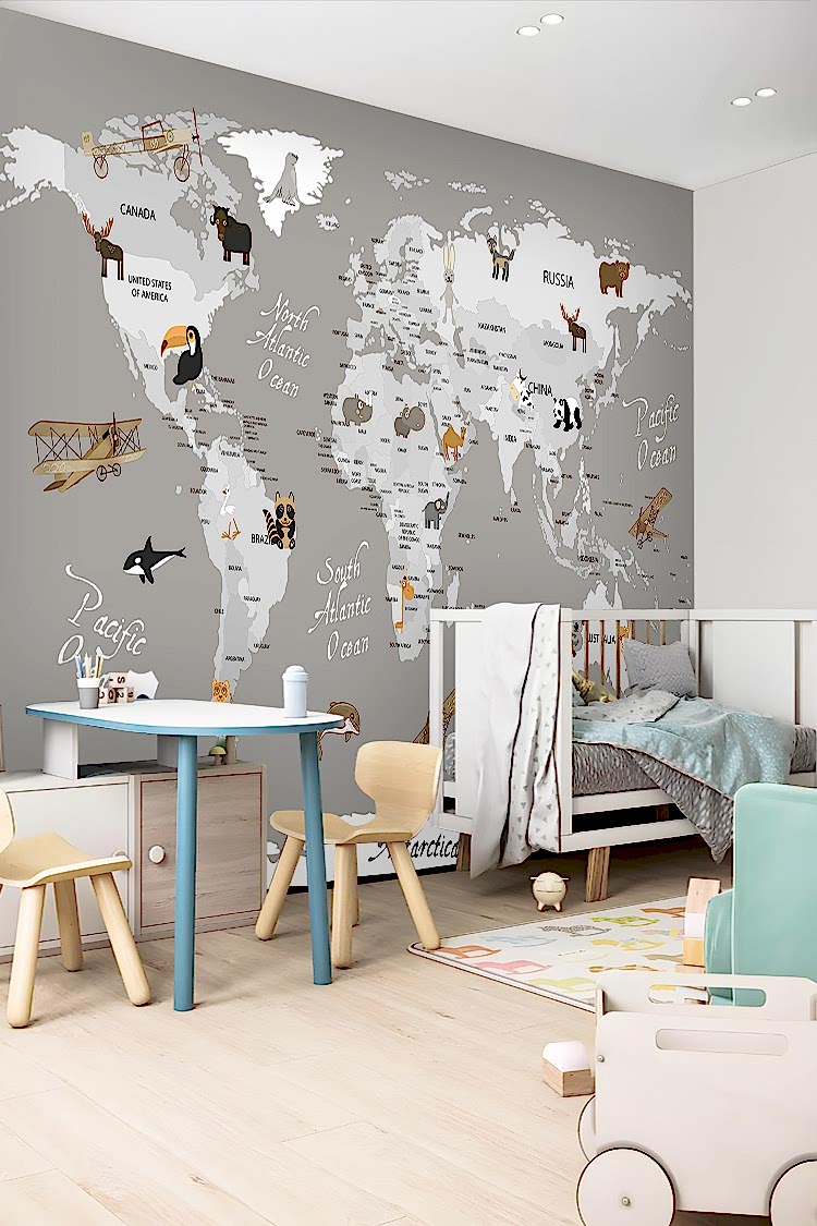 Dünya Haritası ve Hayvanlar Duvar Kağıdı - Görsel 3