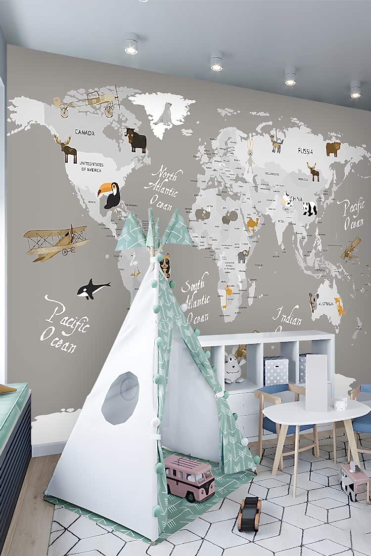 Dünya Haritası ve Hayvanlar Duvar Kağıdı - Görsel 5