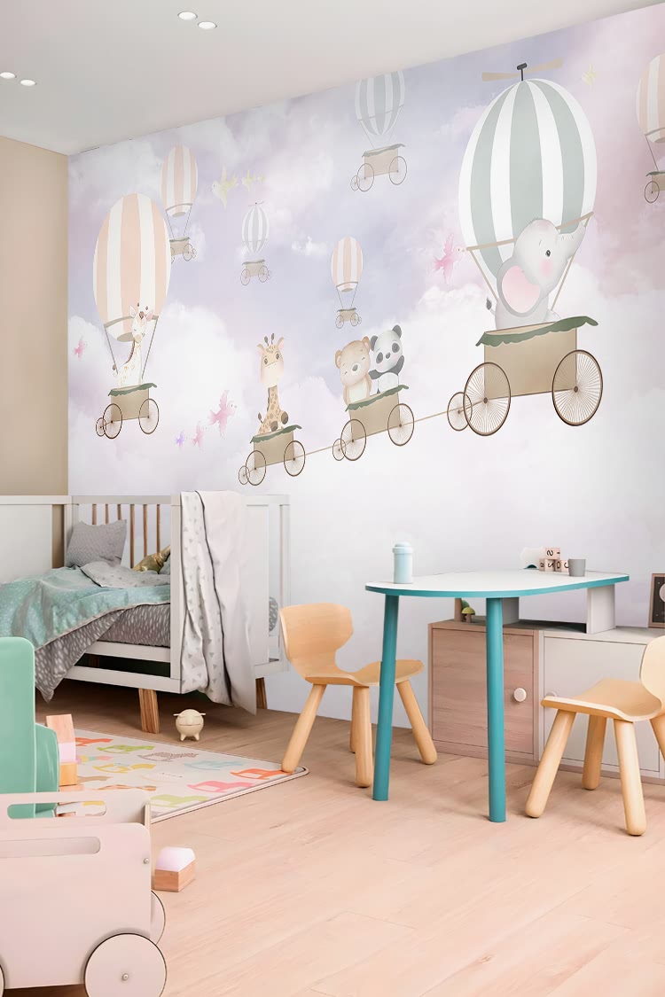 Pastel Uçan Balonlar ve Hayvanlar Duvar Kağıdı - Görsel 4