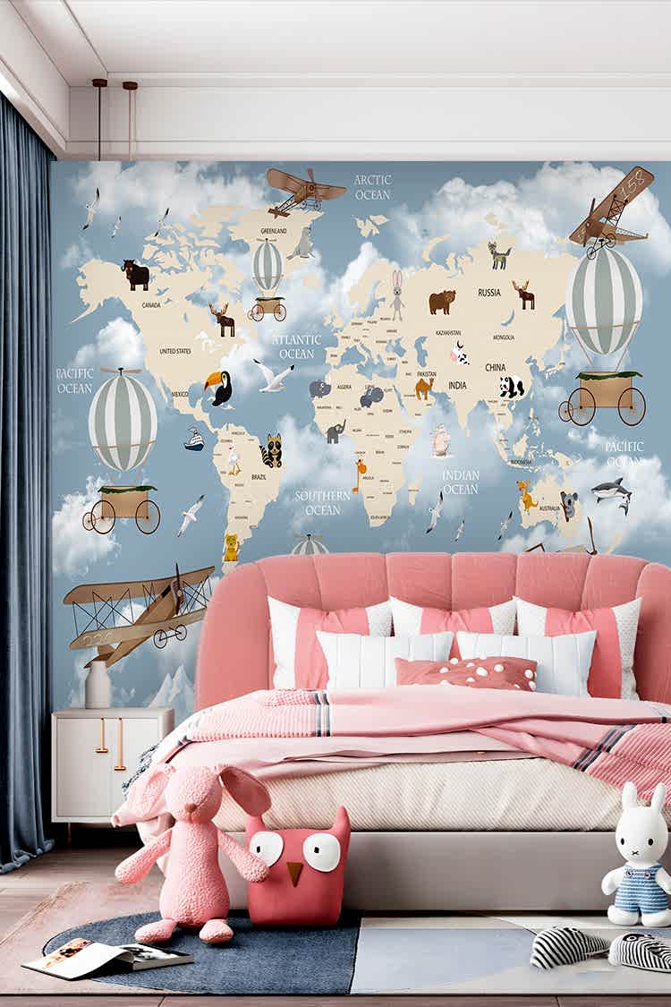Dünya Haritası ve Hayvanlar Temalı Duvar Kağıdı - Görsel 2