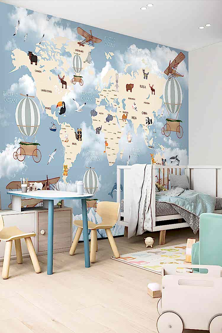 Dünya Haritası ve Hayvanlar Temalı Duvar Kağıdı - Görsel 3