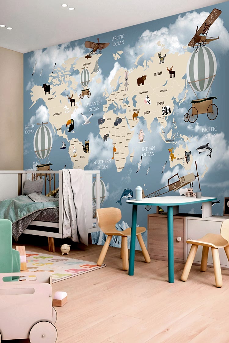 Dünya Haritası ve Hayvanlar Temalı Duvar Kağıdı - Görsel 4
