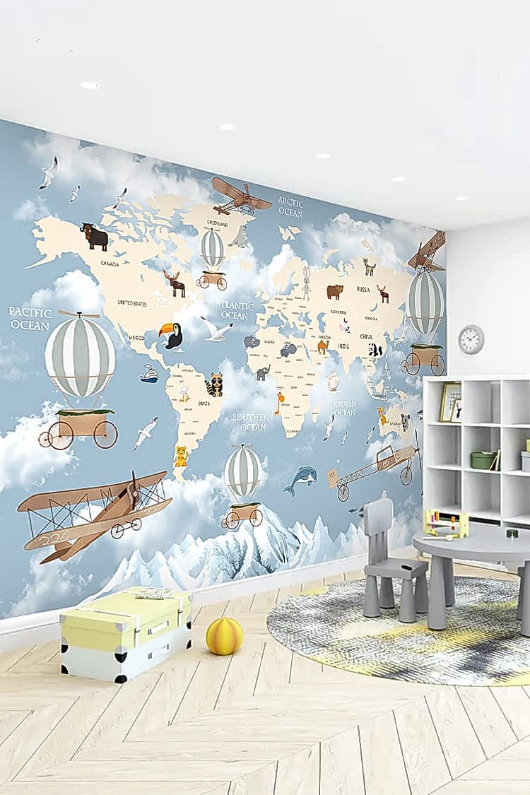 Dünya Haritası ve Hayvanlar Temalı Duvar Kağıdı