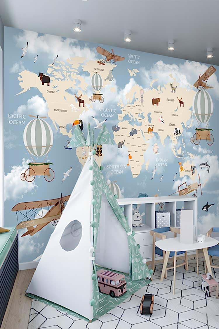 Dünya Haritası ve Hayvanlar Temalı Duvar Kağıdı - Görsel 5