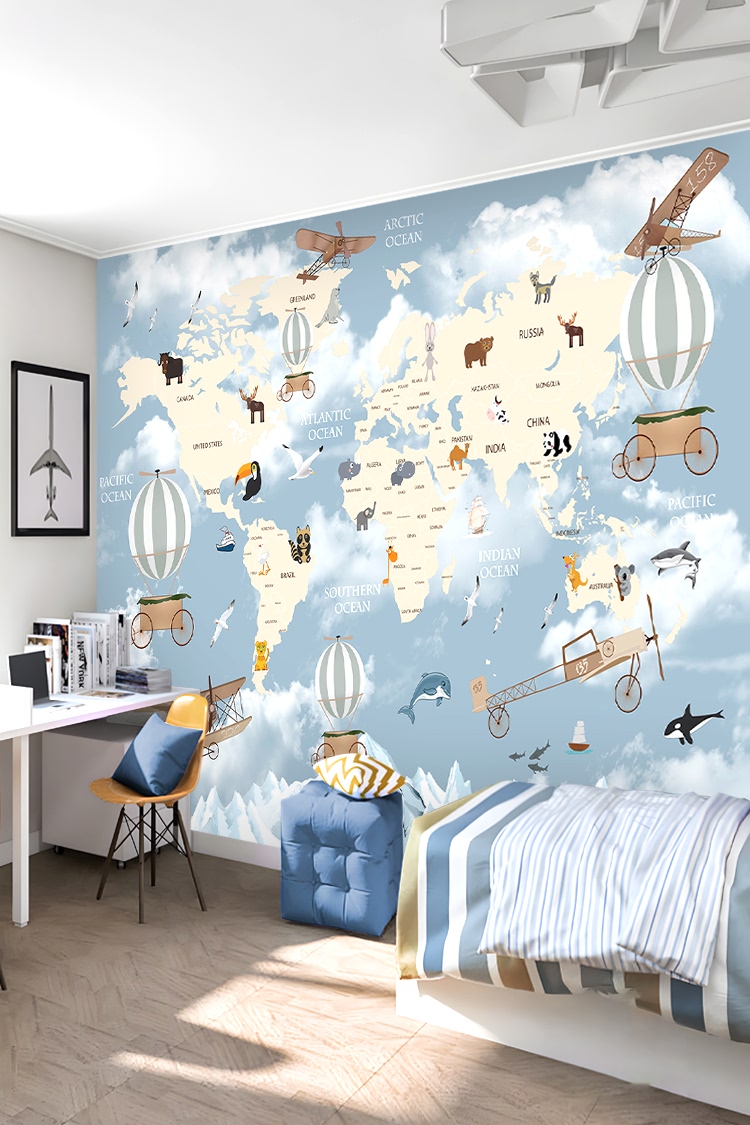 Dünya Haritası ve Hayvanlar Temalı Duvar Kağıdı - Görsel 6