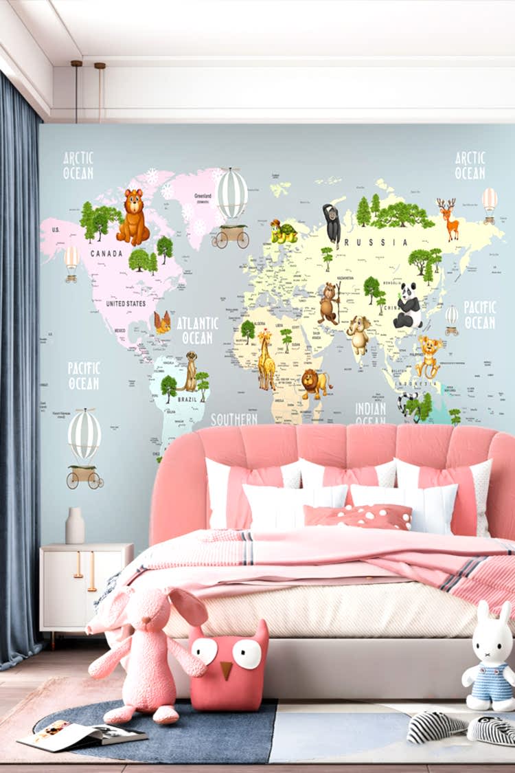 Dünya Haritası ve Hayvanlar Temalı Duvar Kağıdı - Görsel 2