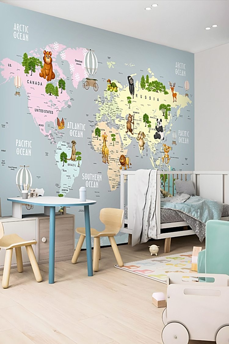 Dünya Haritası ve Hayvanlar Temalı Duvar Kağıdı - Görsel 4