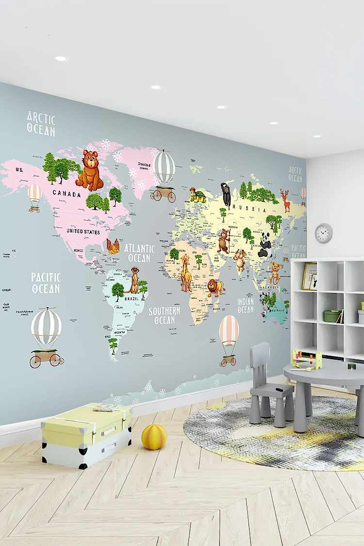 Dünya Haritası ve Hayvanlar Temalı Duvar Kağıdı - Görsel 5