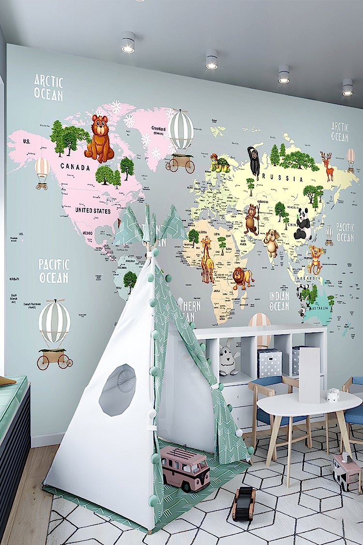 Dünya Haritası ve Hayvanlar Temalı Duvar Kağıdı - Görsel 6