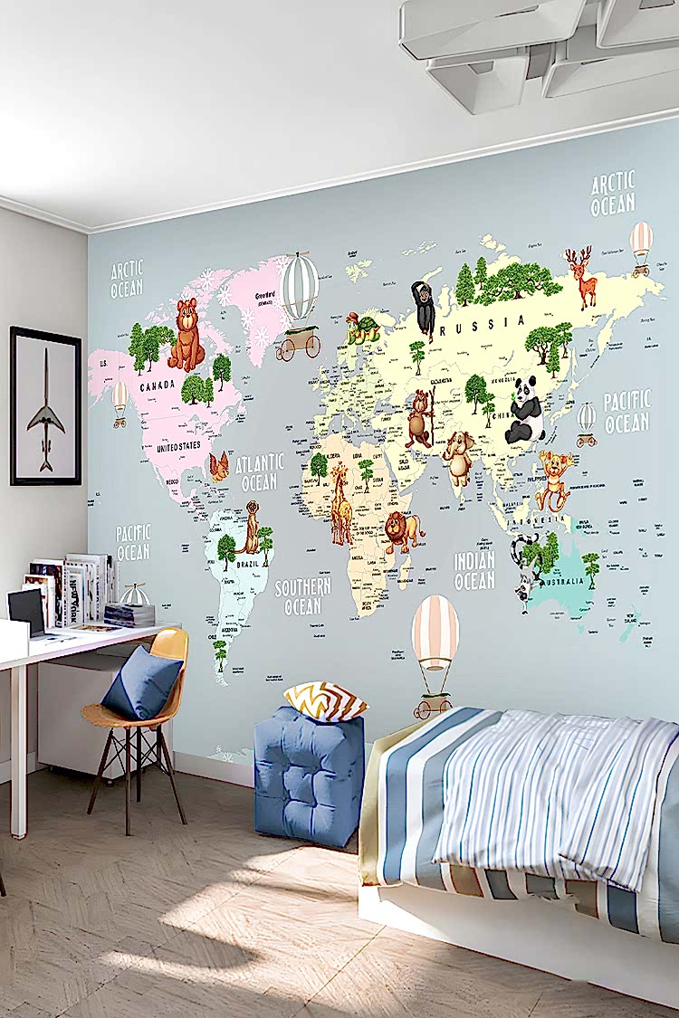Dünya Haritası ve Hayvanlar Temalı Duvar Kağıdı - Görsel 3