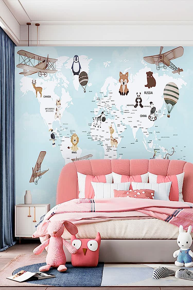 Dünya Haritası ve Hayvanlar Temalı Duvar Kağıdı - Görsel 2