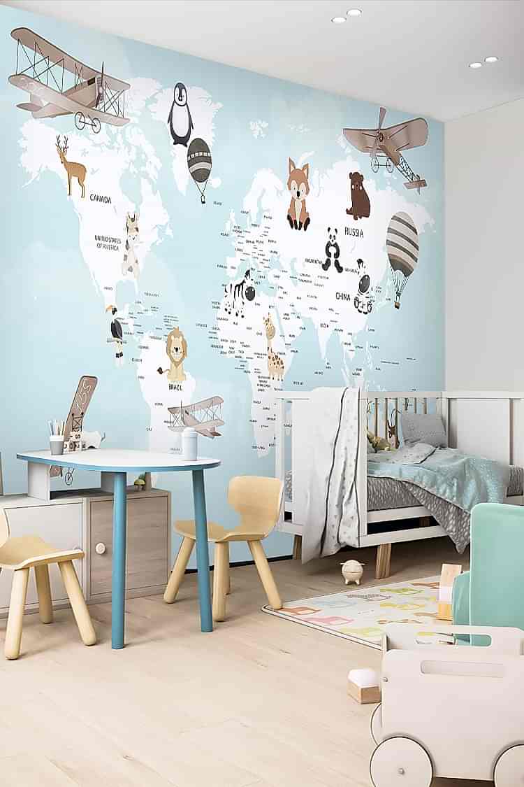 Dünya Haritası ve Hayvanlar Temalı Duvar Kağıdı - Görsel 3