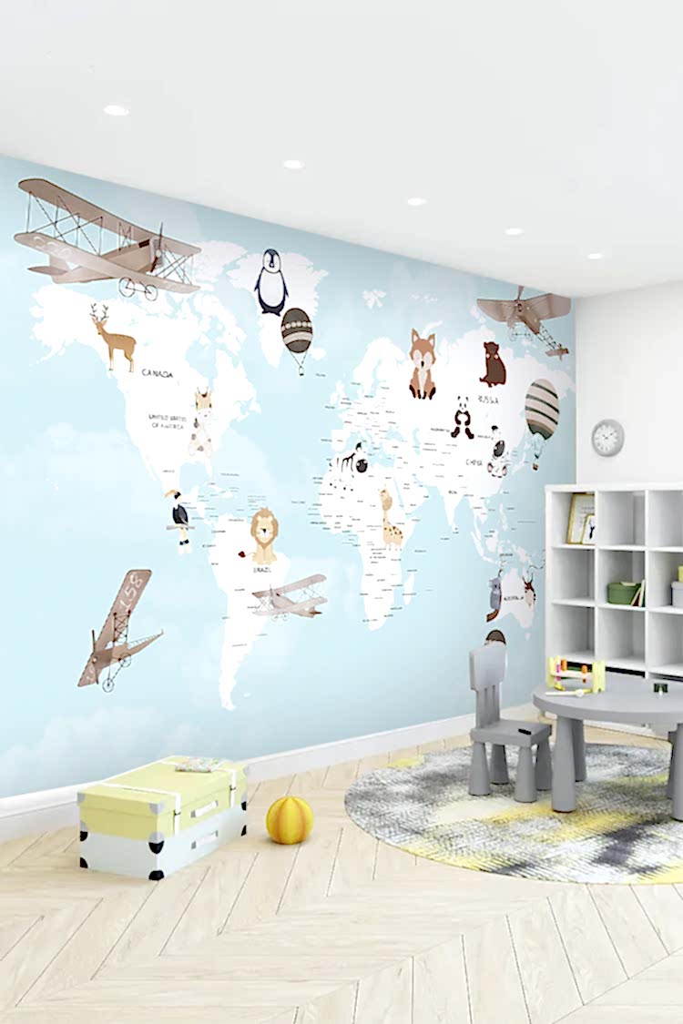 Dünya Haritası ve Hayvanlar Temalı Duvar Kağıdı - Görsel 5