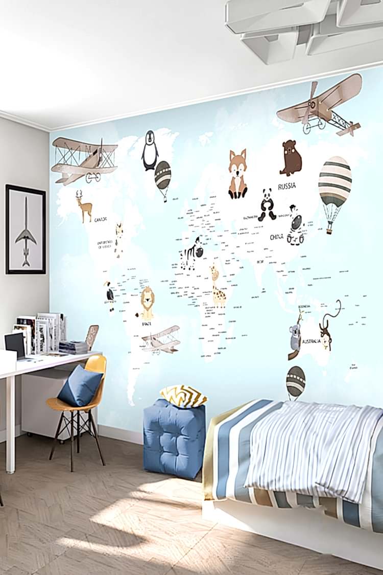 Dünya Haritası ve Hayvanlar Temalı Duvar Kağıdı - Görsel 6