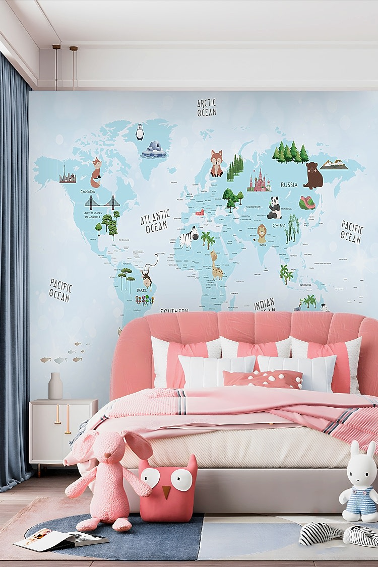 Dünya Haritası ve Hayvanlar Temalı Duvar Kağıdı - Görsel 2