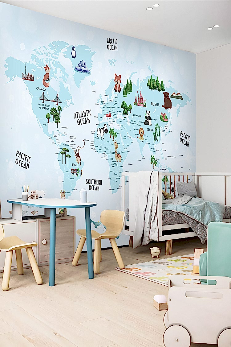 Dünya Haritası ve Hayvanlar Temalı Duvar Kağıdı - Görsel 3