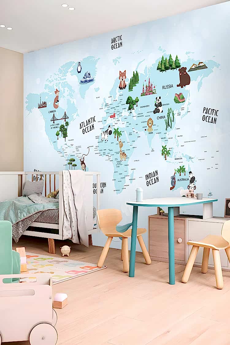 Dünya Haritası ve Hayvanlar Temalı Duvar Kağıdı - Görsel 4