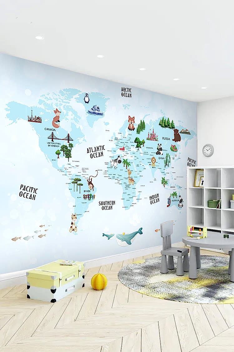Dünya Haritası ve Hayvanlar Temalı Duvar Kağıdı - Görsel 5