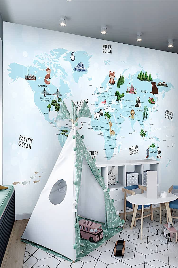 Dünya Haritası ve Hayvanlar Temalı Duvar Kağıdı