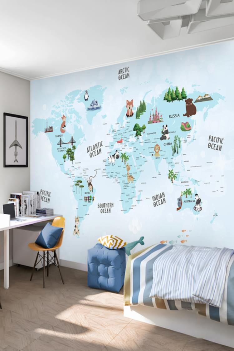 Dünya Haritası ve Hayvanlar Temalı Duvar Kağıdı - Görsel 6