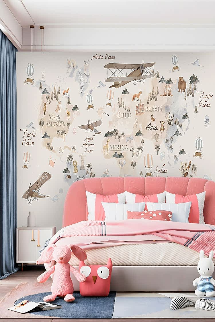 Hayvanlar ve Dünya Haritası Temalı Duvar Kağıdı - Görsel 2